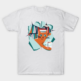 Bookish cat // orange tabby cat with tea mug teal neon red white and flesh coral books T-Shirt